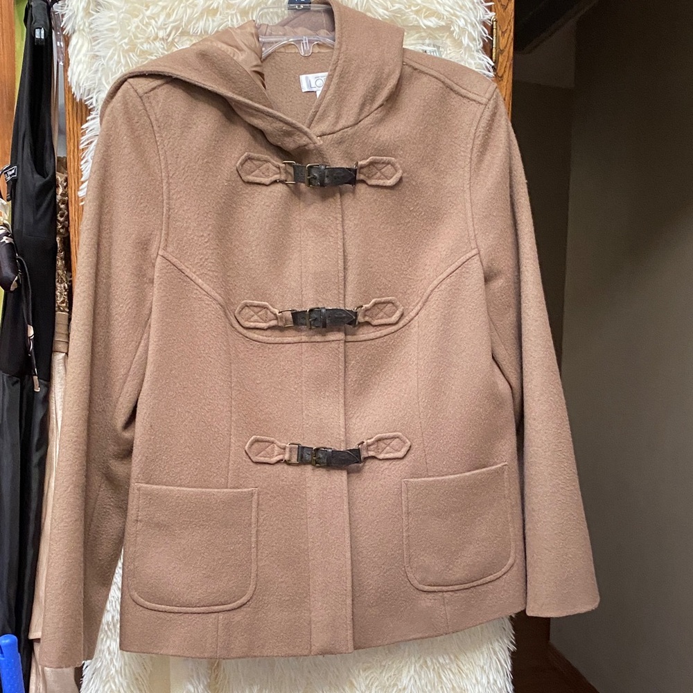 Ann Taylor Loft Women’s Wool Jacket With Hood, Front Zipper And Snaps. Size 10